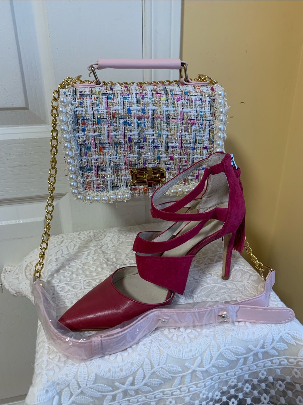 Tweed Pearl-Trim satchel Crossbody Bag